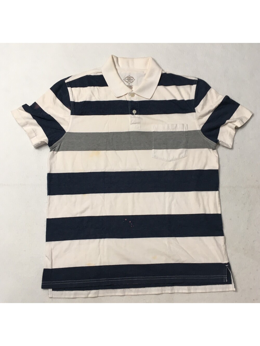 St. John's Bay Men Polo Shirt Size MED Blue WHITE STRIPE Casual Short Sleeve